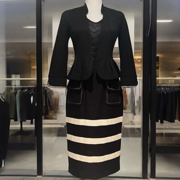 NEW Linen Skirt Suit Striped Pencil Skirt Sz 4 Pleated Peplum Blazer Sz 0 NWOT - Picture 4 of 16